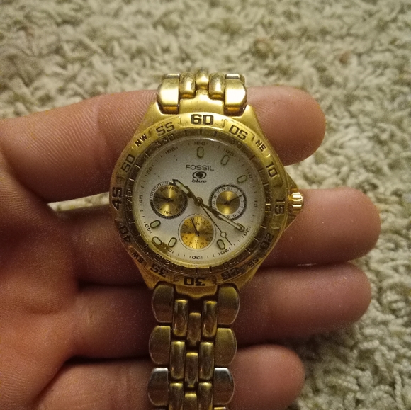 Men's Blue Fossil Rare Big Face Polished Goldtonw Chronological - Picture 2 of 3